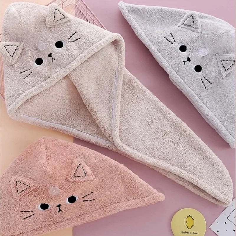 Quick-Dry Microfiber Hair Towel Cap – Cute Cat Turban for Women