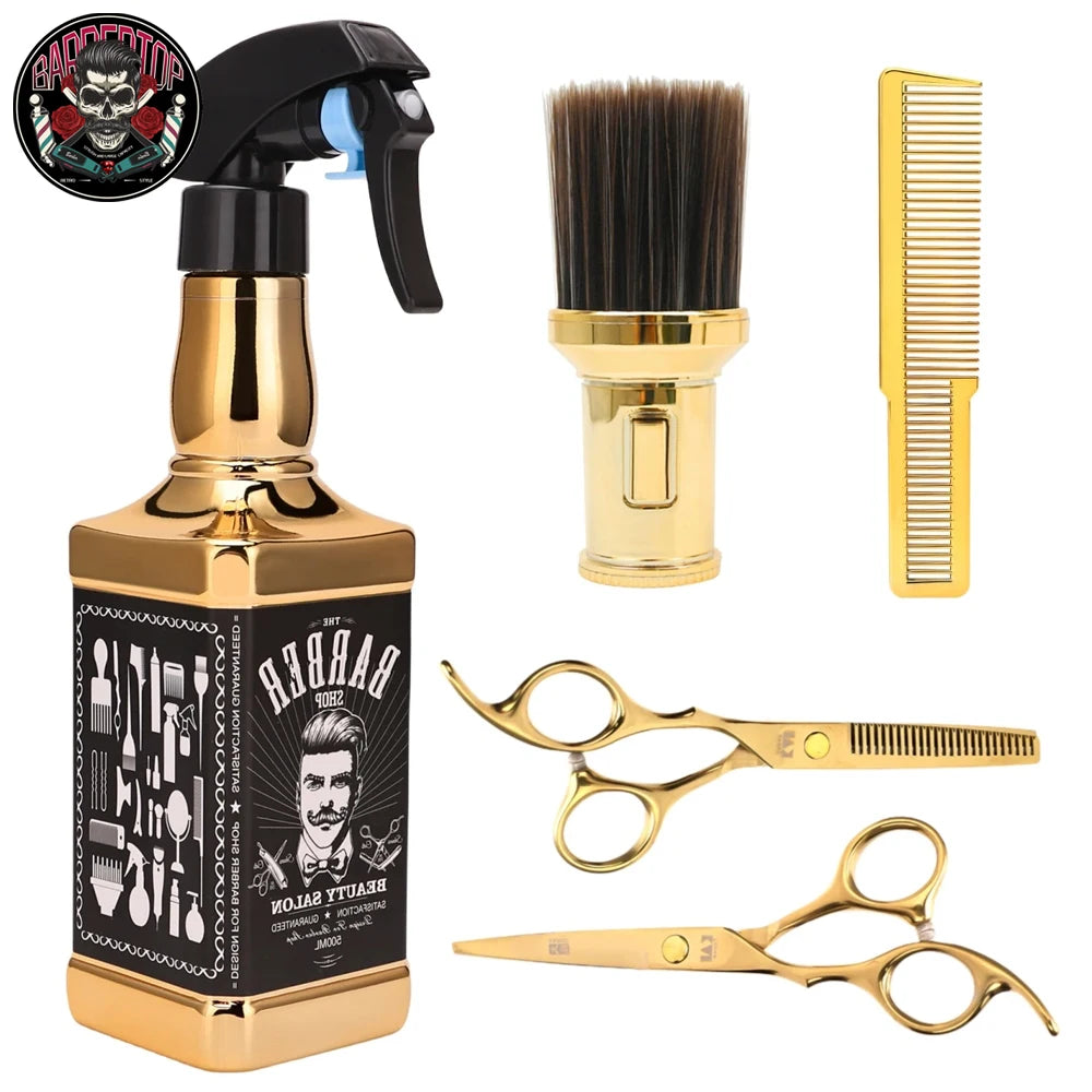5pcs Gold Haircut Tools Set Hairdressing Comb Cleaning Neck Brush 6 inch Styling Scissors 500ml Spray Bottle Barber Tools Set Peaceful Pleasures Health and Wellness