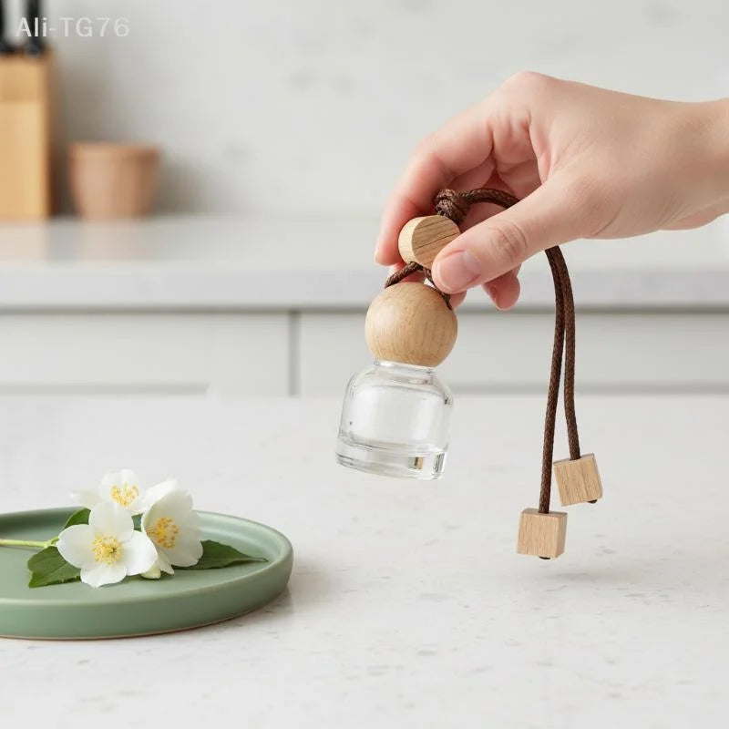 Refillable Glass Car Air Freshener Pendant | Wood Cap Diffuser