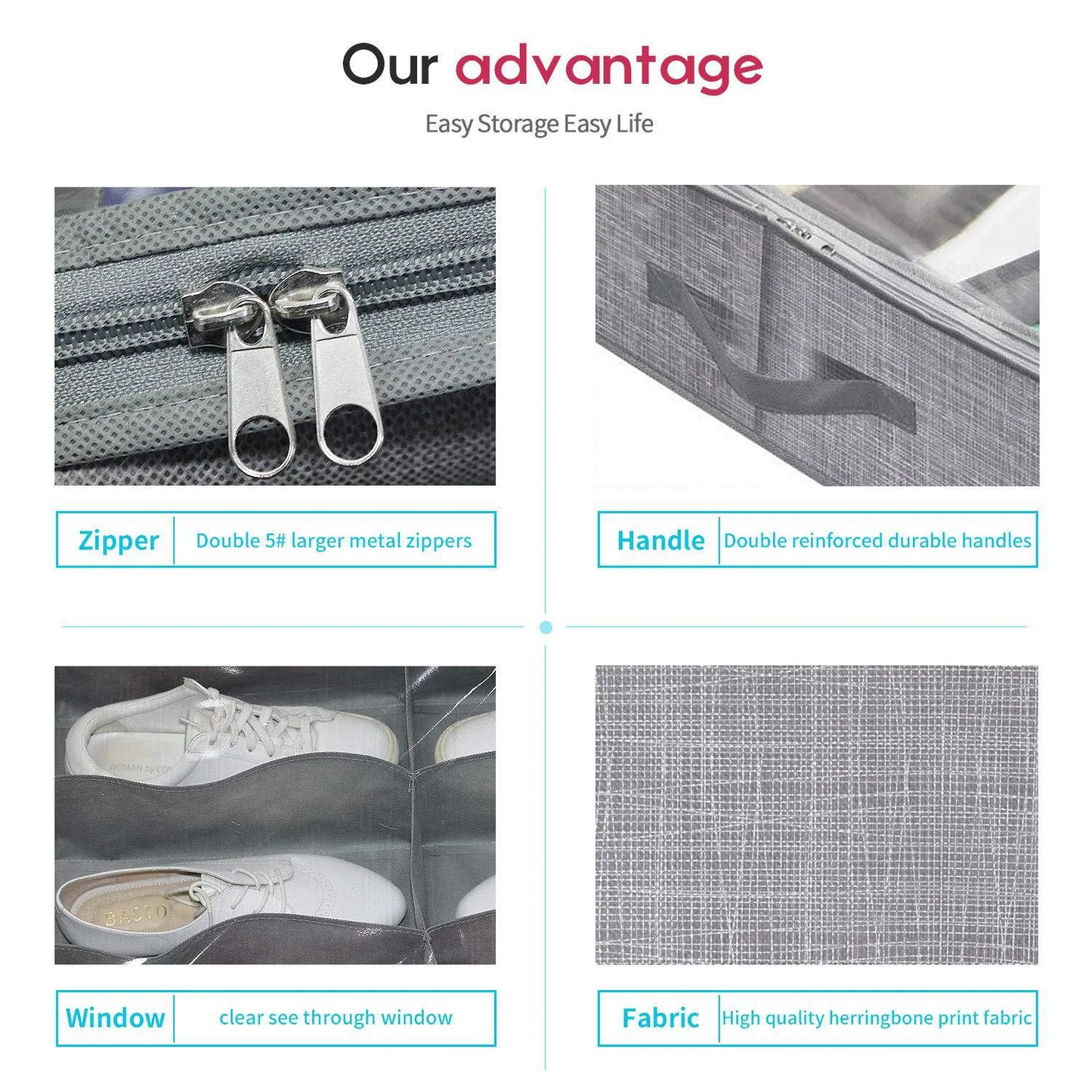 Under-bed shoe storage box PVC foldable non-woven fabric grid storage organizer bag Peaceful Pleasures Health and Wellness