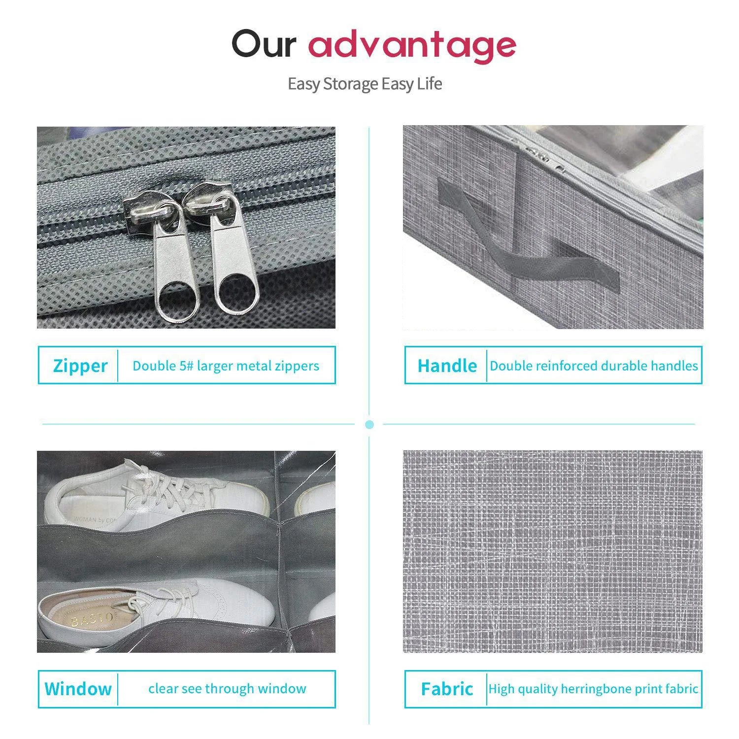 Under-bed shoe storage box PVC foldable non-woven fabric grid storage organizer bag Peaceful Pleasures Health and Wellness
