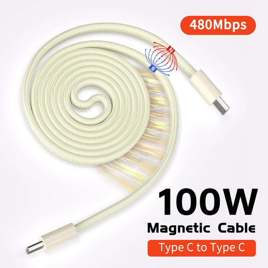100W USB-C Magnetic Fast Charging Cable | 480Mbps Data USB-C Charging Cable Peaceful Pleasures Health and Wellness Off-white 1m Type-C to Type-C