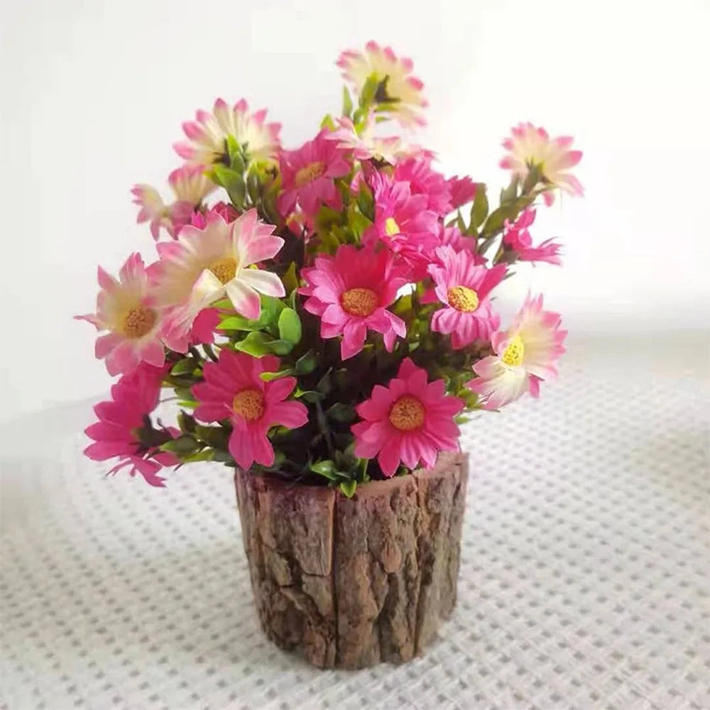 Artificial Sunflower Bonsai in Bark Pot | Faux Plant Home Décor