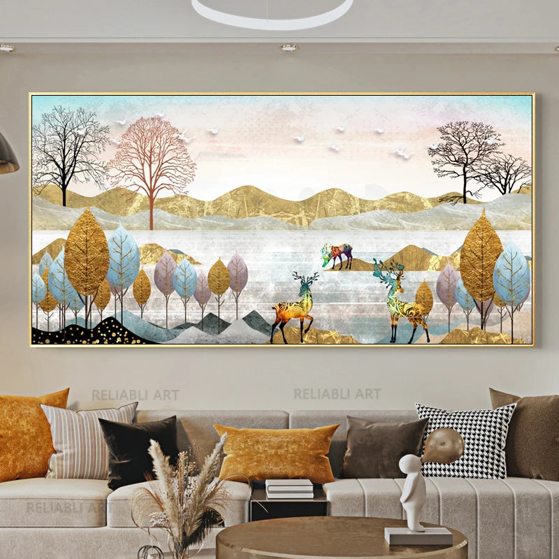 Feng Shui Golden Tree & Deer Canvas Wall Art | Lucky Decor