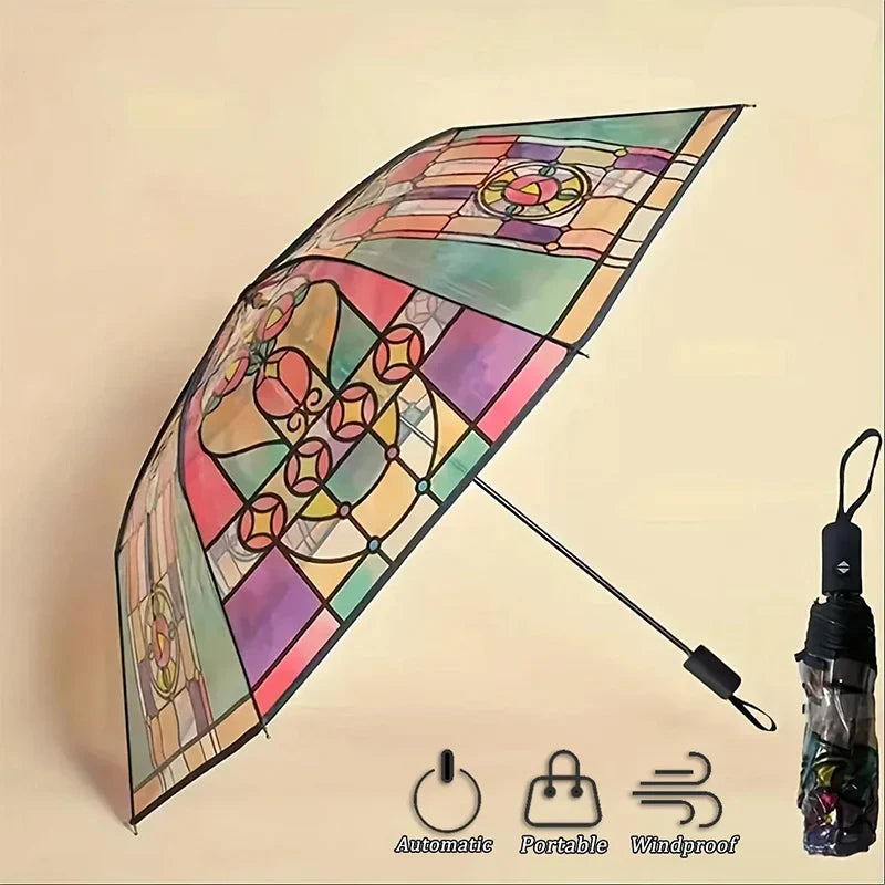 Stained Glass Transparent Folding Umbrella – Sun & Rain Use