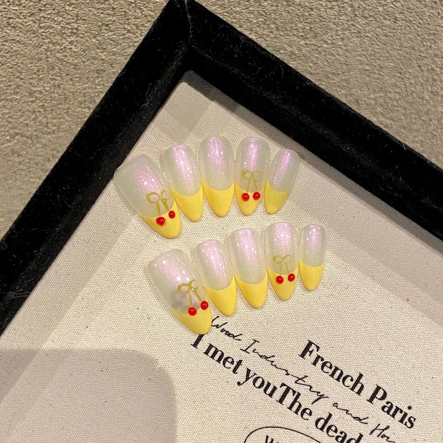Handmade Press on Nails Cute Bear Fake Nails 3D Strawberry Design Sweet Yellow French False Nails Girl Lady Wearable Full Cover Peaceful Pleasures Health and Wellness S 3