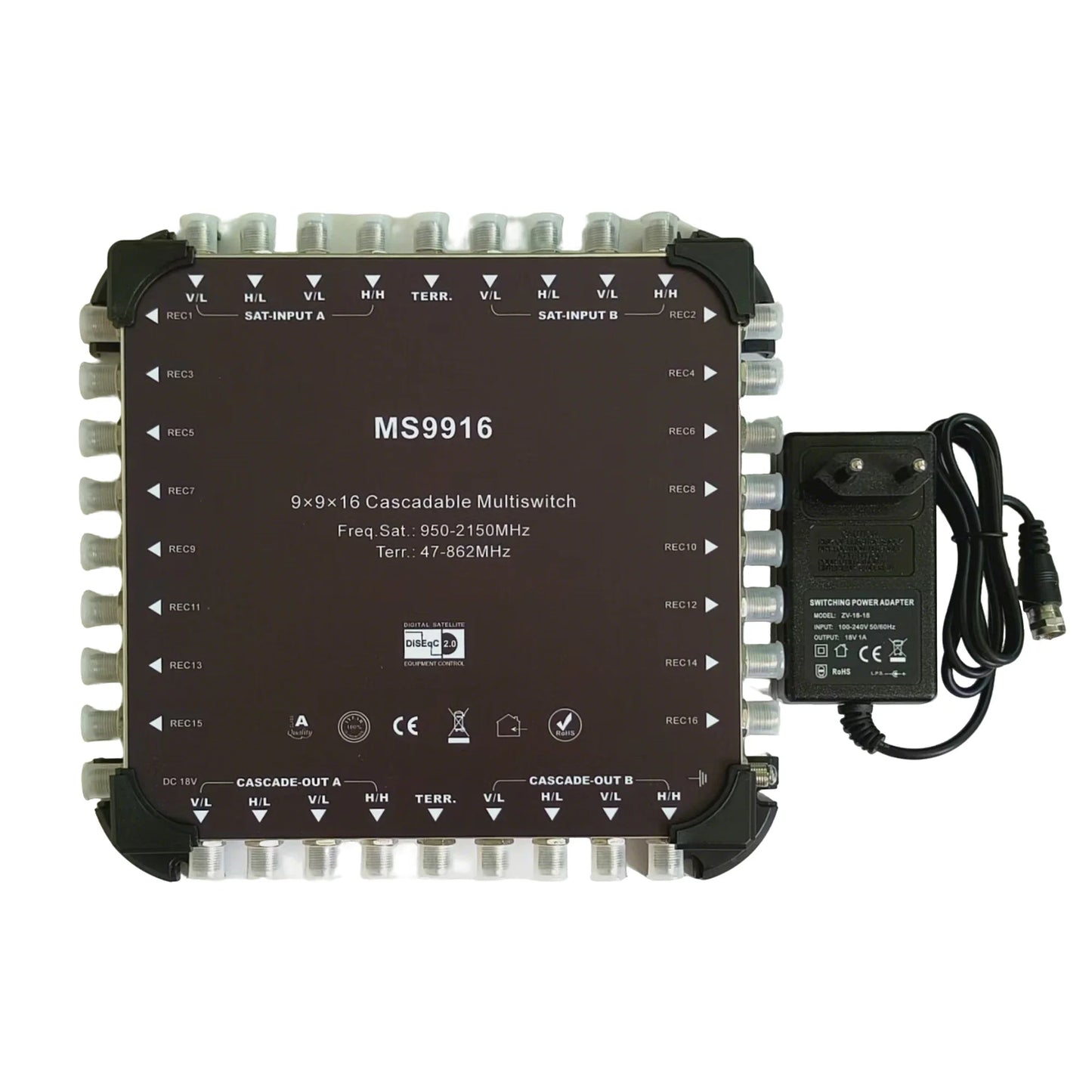 9-In 16-Out DiSEqC Satellite Multiswitch 22kHz Cascade