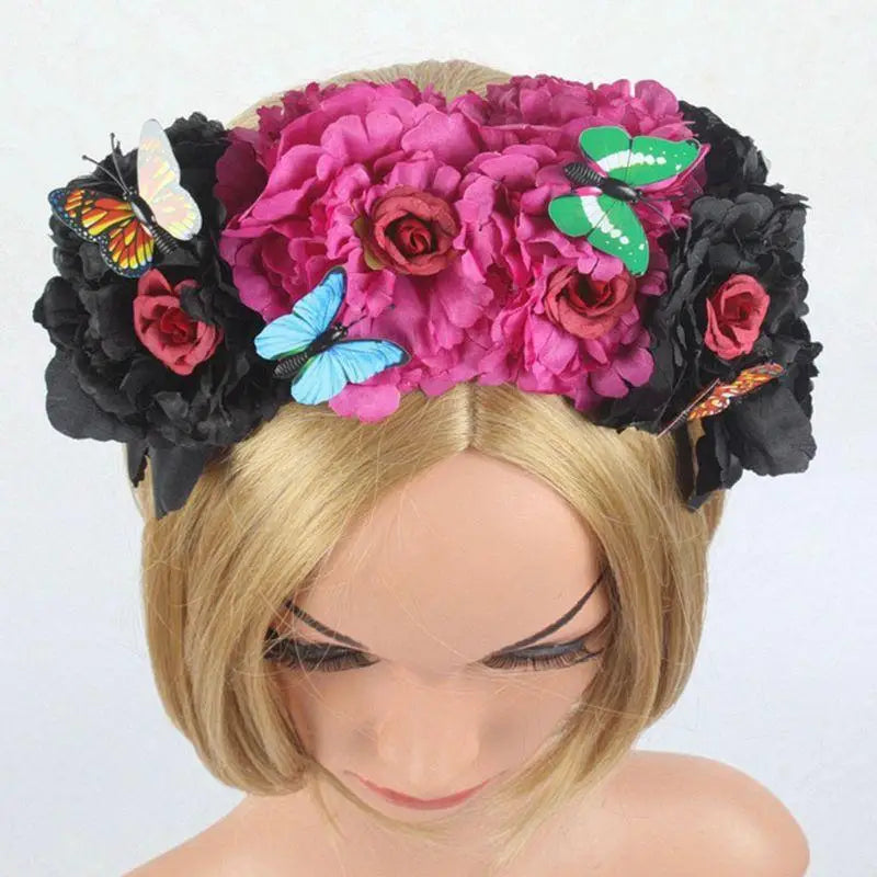 Halloween Colorful Peony Flower Headband Fairy Butterfly Mexican