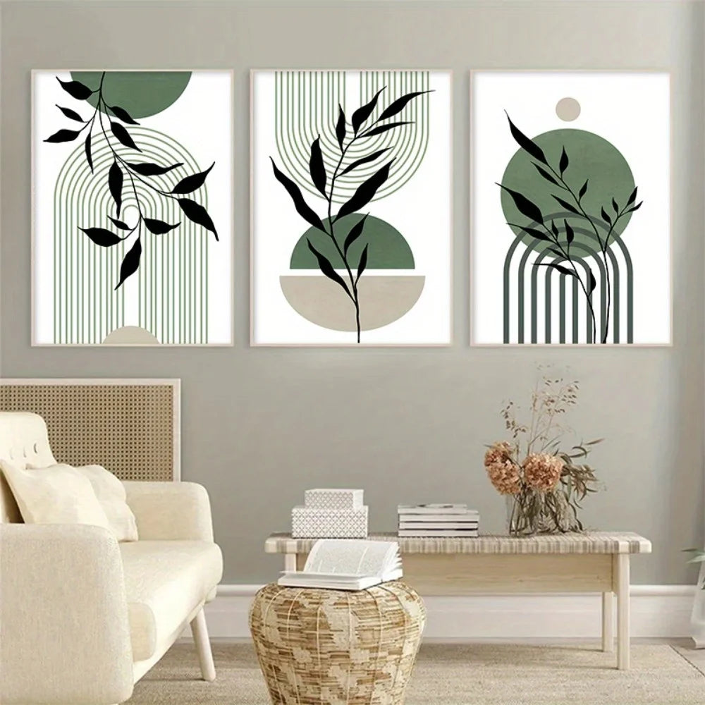 3-Piece Sage Green Boho Abstract Canvas Wall Art | Mid-Century
