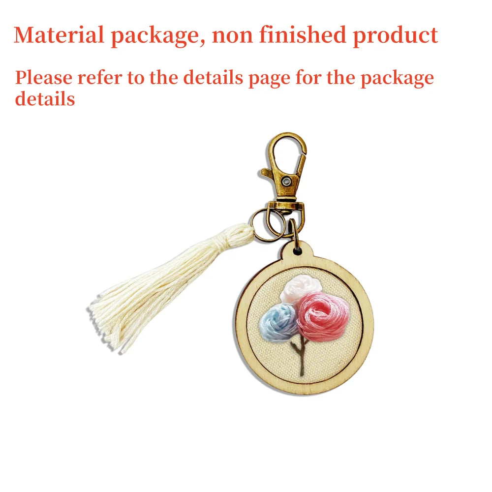 Mini Embroidery Keychain Accessory Set Embroidered Ring Frame Wooden Pendant Hand Embroidered DIY Keychain Handmade Material Kit Peaceful Pleasures Health and Wellness 9