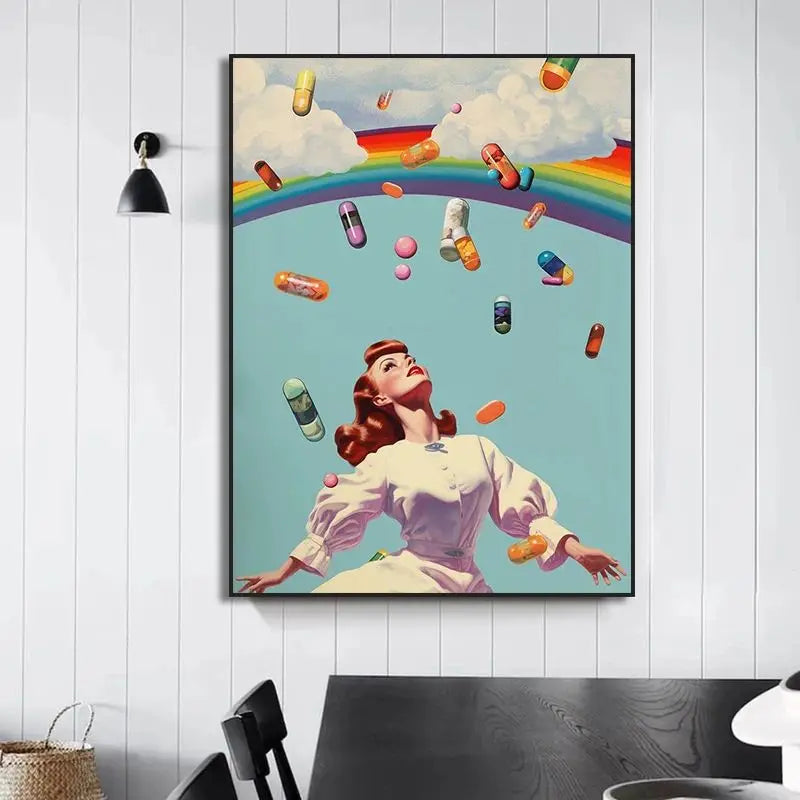 Retro UFO Alien Cow Canvas Poster Disco Ball Cactus Landscape Trippy Wall Art Surreal Aesthetic Home Decor Mural Peaceful Pleasures Health and Wellness