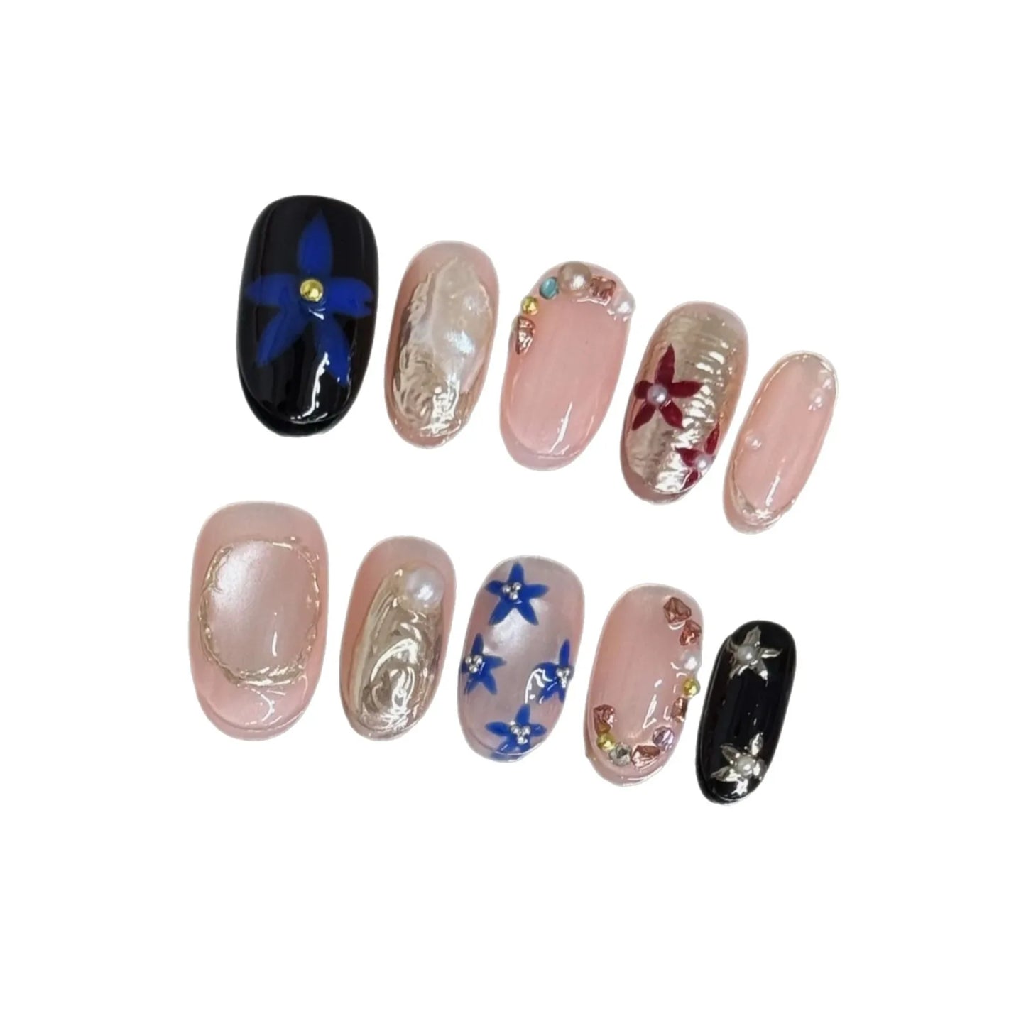 Press On Nails Gold Pearl Flower | Short Round Fake Nails 10pc