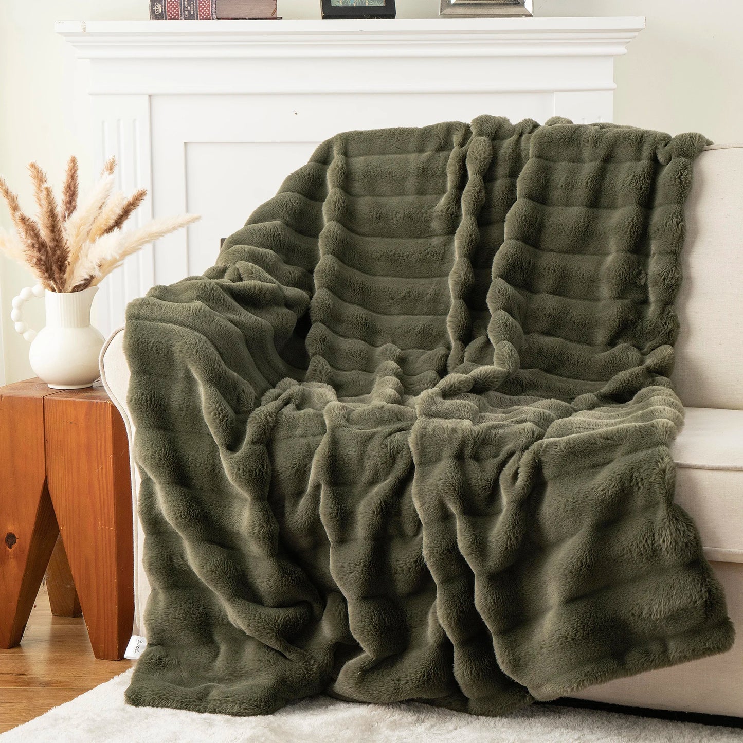 Battilo Faux Fur Throw Blanket ,Faux Rabbit Fur Blanket ,Fluffy Plush Thick Blankets for Bed Sofa,Soft Cozy Fuzzy Mink Blanket Peaceful Pleasures Health and Wellness Olive Green 127x152cm