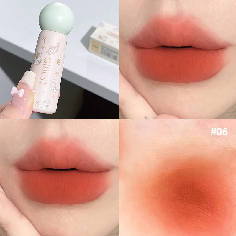 QIBEST Cute Velvet Matte Lip Mud Waterproof Non-stick Lip Stain Long Lasting Highly Pigmented Lipstick Tint Korean Cosmetics Peaceful Pleasures Health and Wellness 06