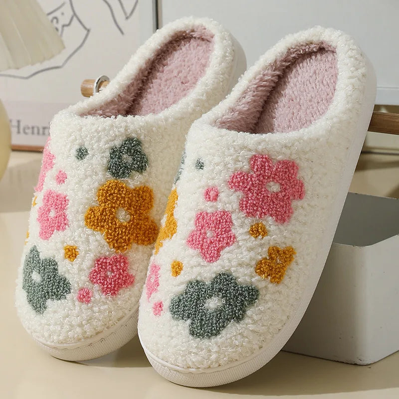 Women's Fluffy Plush Flower Slippers – Soft Non-Slip Indoor Slides