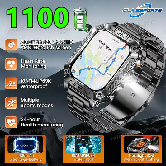 Rugged Military Outdoor Sports Smart Watch Health Monitoring Voice Assistant Bluetooth Call LED Flashlight NEW Smartwatch MA27 Peaceful Pleasures Health and Wellness
