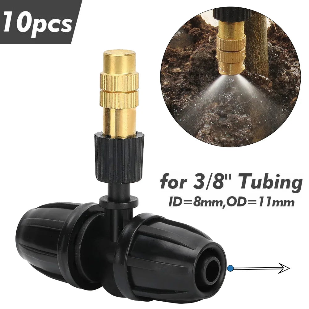 1/4'' 3/8'' 1/2'' Tubing Brass Misting Nozzles with Tee Connector Snap-On Quick Joint Outdoor Garden Irrigation Atomizer Sprayer Peaceful Pleasures Health and Wellness B-10pcs