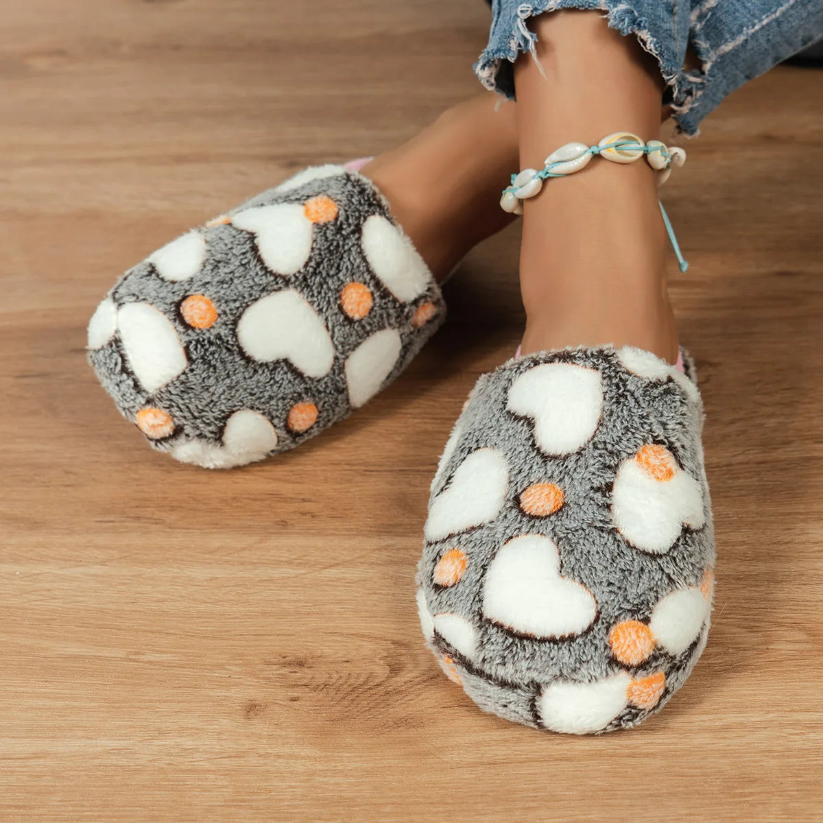 Women's Heart-Shaped Fur Slippers | Soft Cozy Indoor House Shoes
