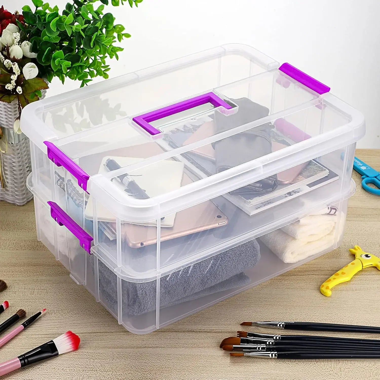 2-Tier Stackable Storage Box with Handle, Portable Organizer for Crafts, Stationery & Beauty Supplies (Purple) Peaceful Pleasures Health and Wellness