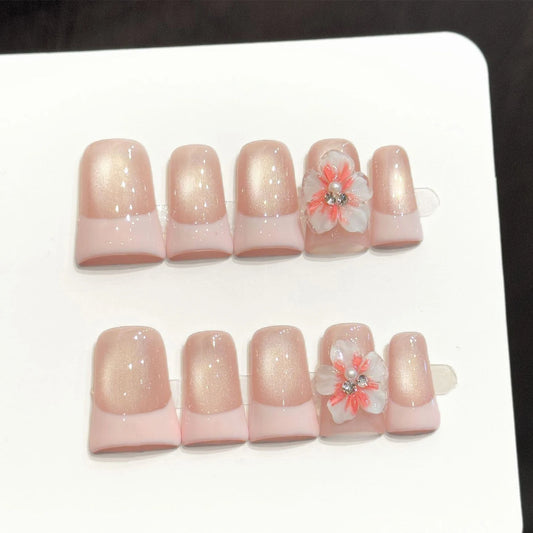 10pcs Duckbill Handmade Press On Nails Ice Through Cat's Eye False Nail With 3D Flower Decor Wearable Elegant Pink French Tips Peaceful Pleasures Health and Wellness
