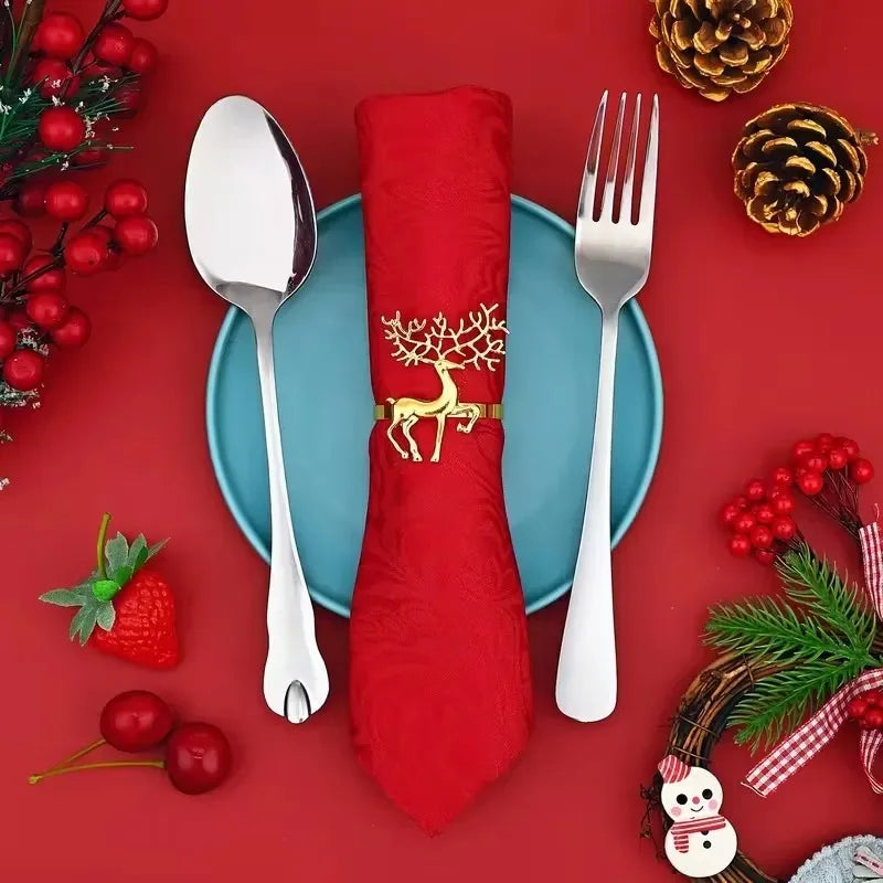 Gold Elk Christmas Napkin Rings Set 6/12/24 | Holiday Table Decor