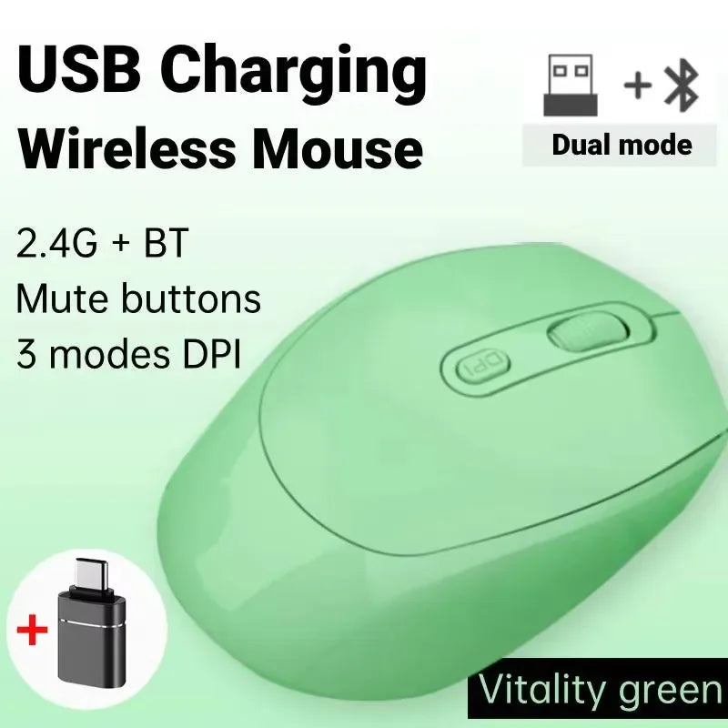 Wireless Mouse Rechargeable Gamer Mouse Dual Modes Bluetooth-compatible 2.4G USB Mute Mice For Laptop Pad Tablet Macbook Mause Peaceful Pleasures Health and Wellness Green with OTG