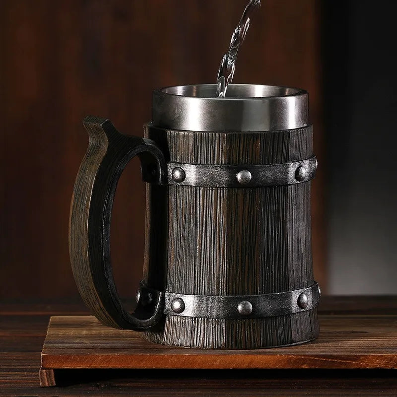 Wooden Barrel Beer Cup Stainless Steel Coffee Mug Viking Style Vintage Beer Mug Double Wall Drinking Cup Halloween Bar Drinkware Peaceful Pleasures Health and Wellness