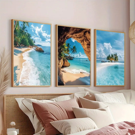 3pcs Beach Island Seaside Scenery, Wall Art Canvas Poster, for Living Room Bedroom Office Wall Decoration, Home Decor Frameless Peaceful Pleasures Health and Wellness