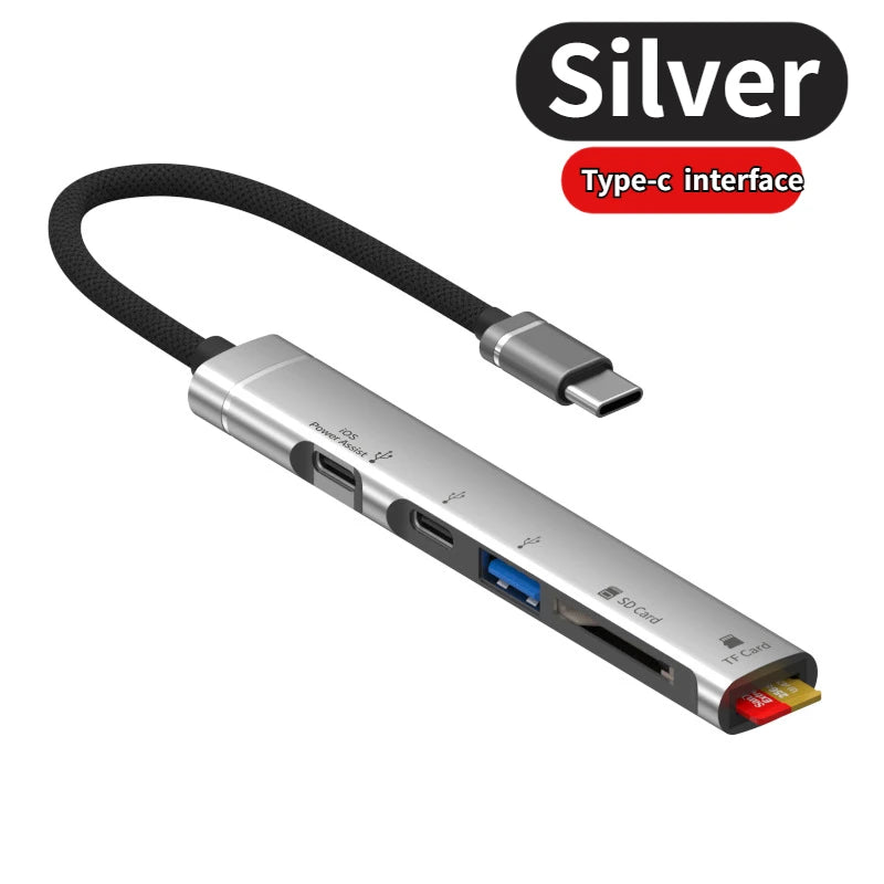 5-in-1 Multi Adapter USB +Type C HUB Docking Station with SD/TF Memory Card Reader 5Gbps Transmission Type C Hub For Laptop Peaceful Pleasures Health and Wellness Type-C Silver