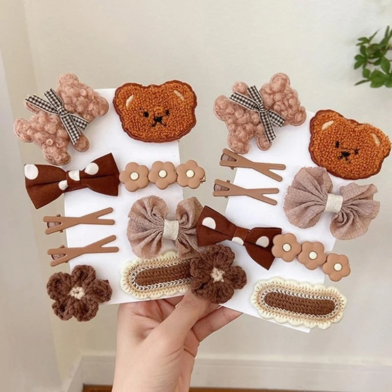 9-Piece Cartoon Bear & Bow Hair Clip Set for Baby Girls