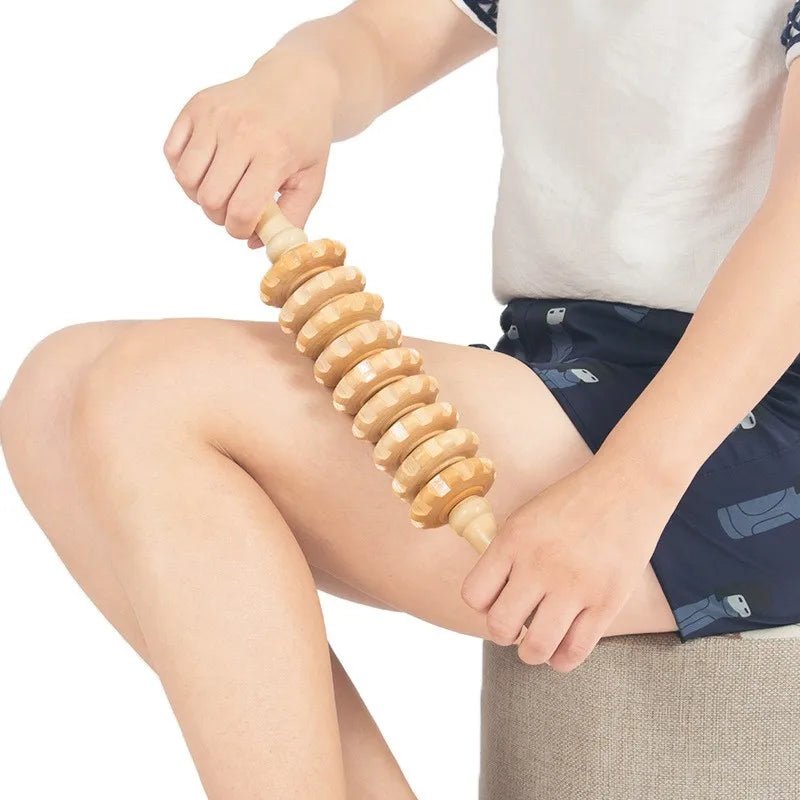 Body Fascia Massager Anti-slip Handle Wood Grooved Gear Arms Legs Thighs Buttocks Smooth Roller Massager for Back Relaxation Peaceful Pleasures Health and Wellness
