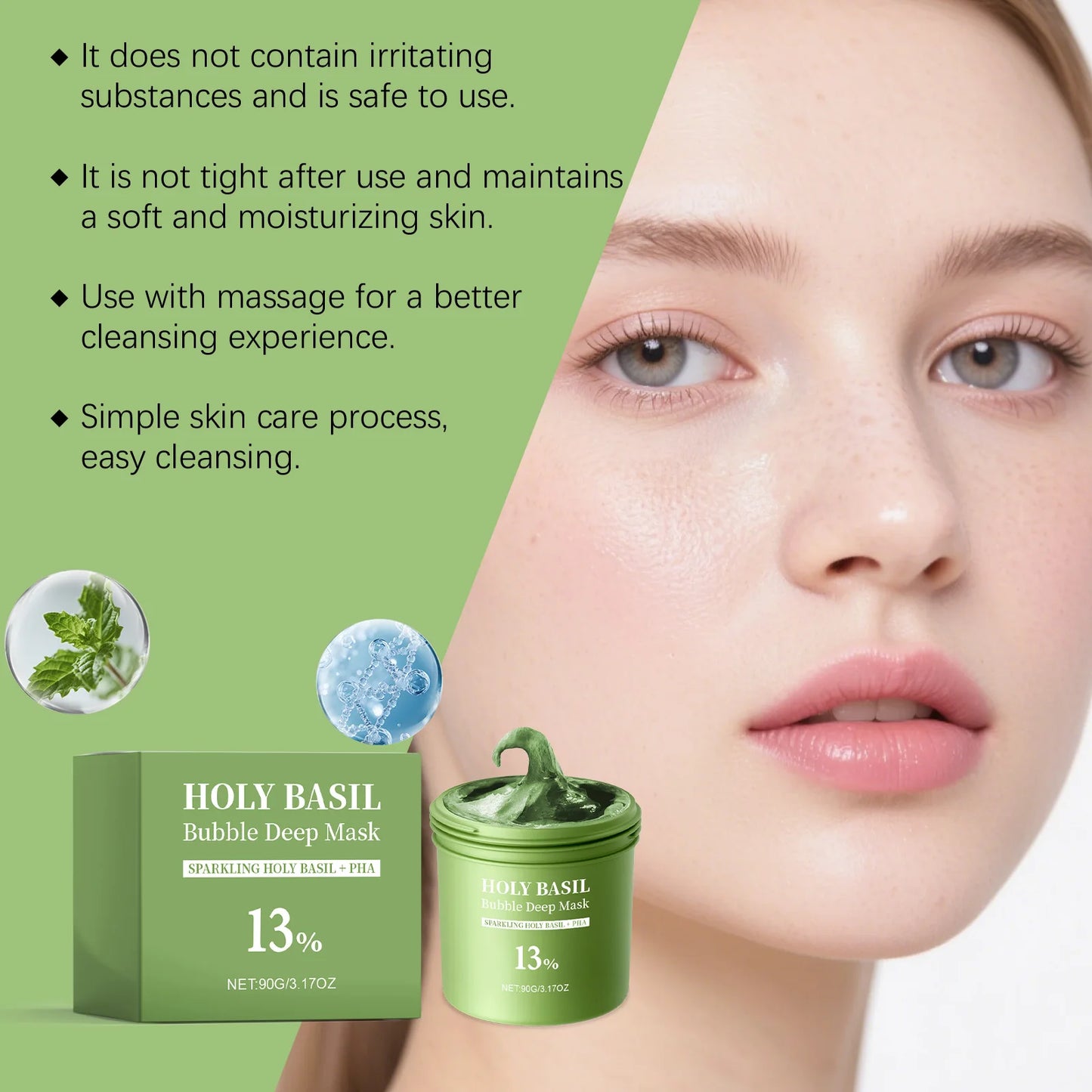 Basil Bubble Cleansing Mask Reduce Blackheads Purify Skin Oil Control Gentle Exfoliate Remove Pores Dirt Moisturizes Mud Mask Peaceful Pleasures Health and Wellness