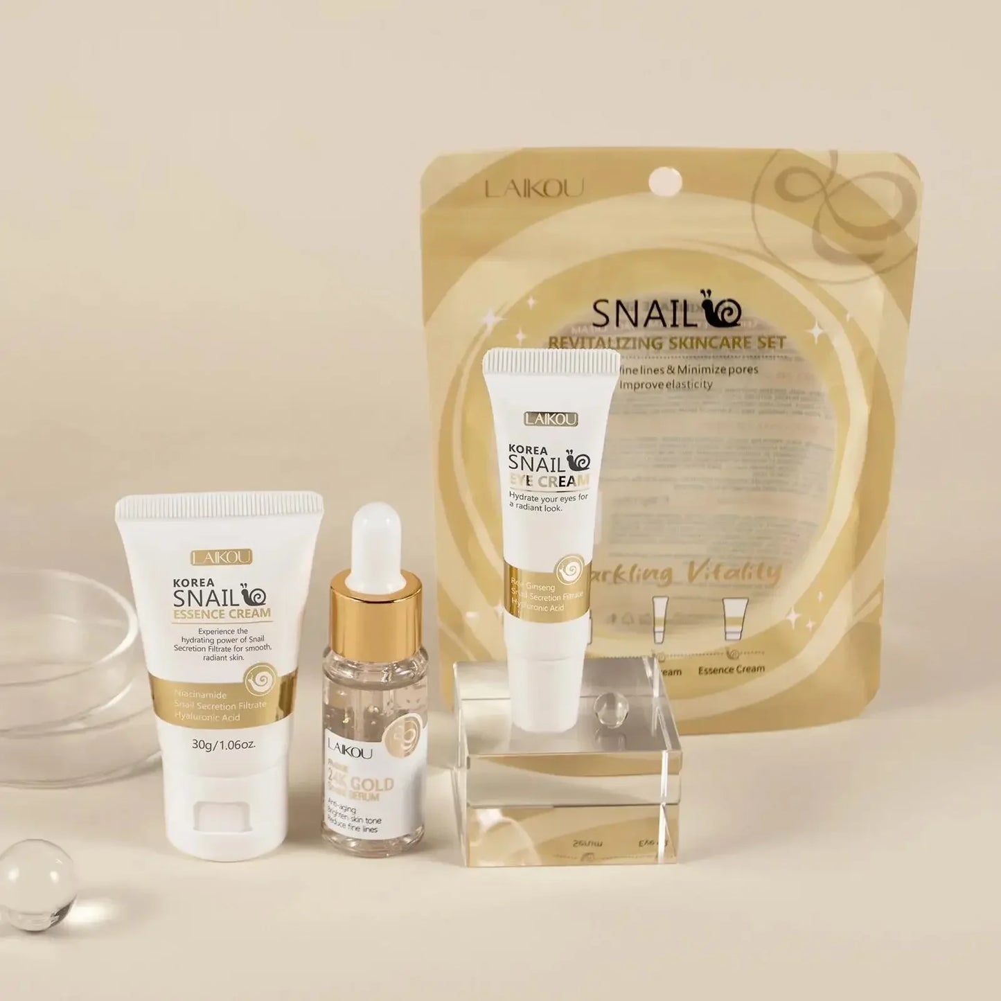 LAIKOU 24K Gold Snail Serum Eye Cream & Essence Set