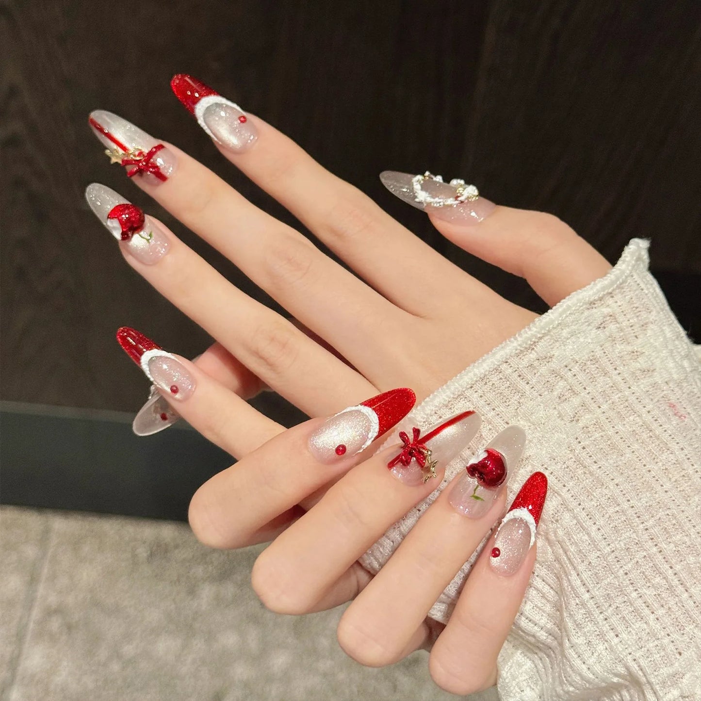 Christmas Press On Nails | Cat's Eye Red French Tip 3D Bows Press On Nails Peaceful Pleasures Health and Wellness