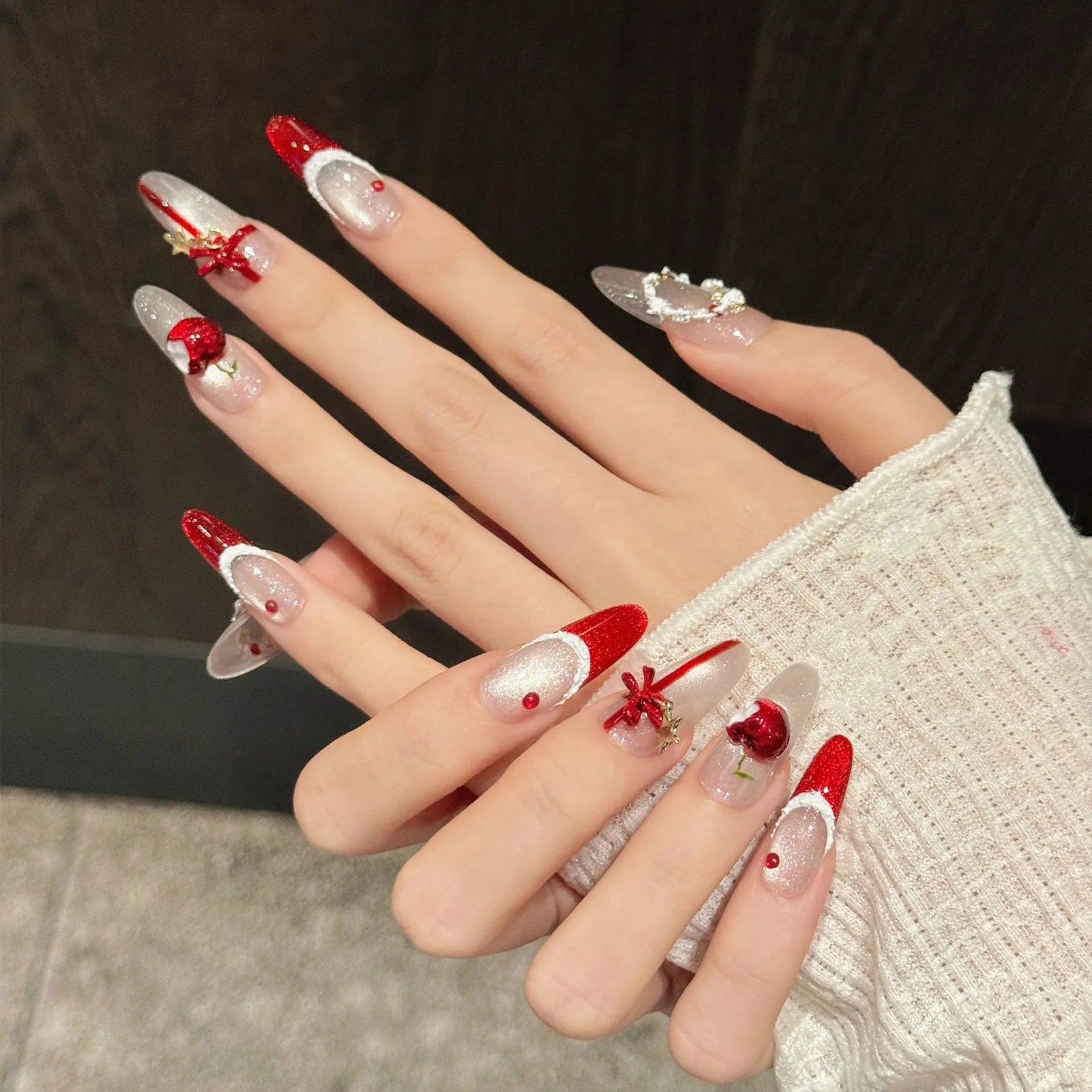 Christmas Press On Nails | Cat's Eye Red French Tip 3D Bows Press On Nails Peaceful Pleasures Health and Wellness