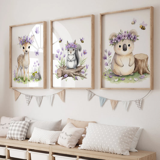 3-Piece Cartoon Animal Canvas Wall Art | Purple Kids Room Decor Canvas Wall Art Set Peaceful Pleasures Health and Wellness GP064-3pcs 21x30cm Unframed