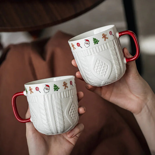 2Pcs/Set 12oz Ceramic Espresso Cups Porcelain Coffee Mugs Set for Tea Latte Cafe Mocha Couple Cozy Sweater Cups Christmas Gift Peaceful Pleasures Health and Wellness