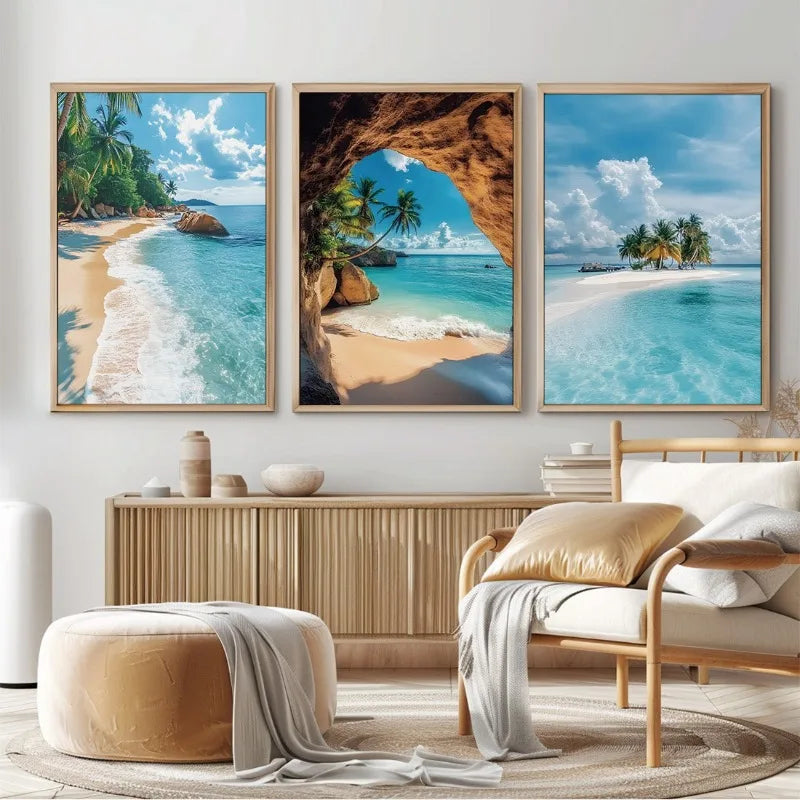 3pcs Beach Island Seaside Scenery, Wall Art Canvas Poster, for Living Room Bedroom Office Wall Decoration, Home Decor Frameless Peaceful Pleasures Health and Wellness