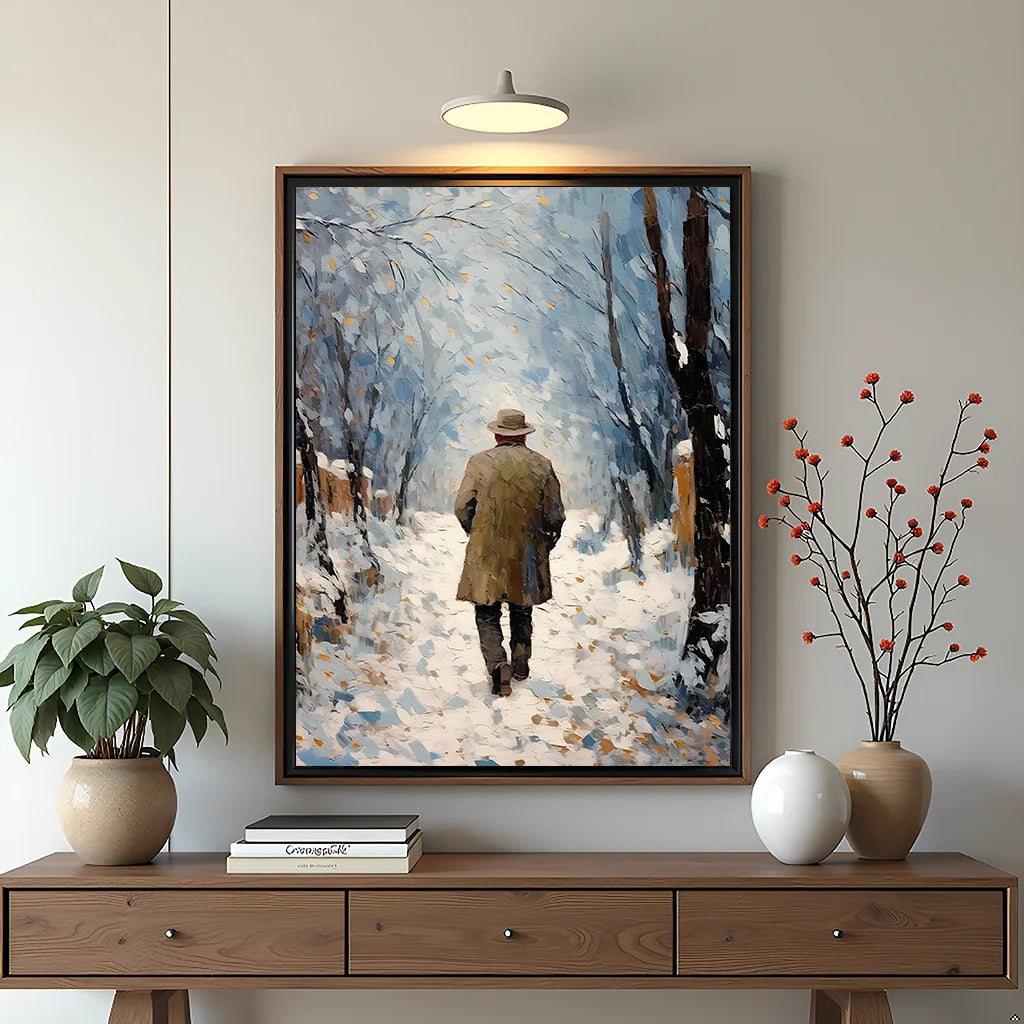 Winter PlantWall Art, Watercolor Walking Man Canvas Painting, Nordic Snowy Landscape Poster Print for Bedroom Living Room Décor Peaceful Pleasures Health and Wellness