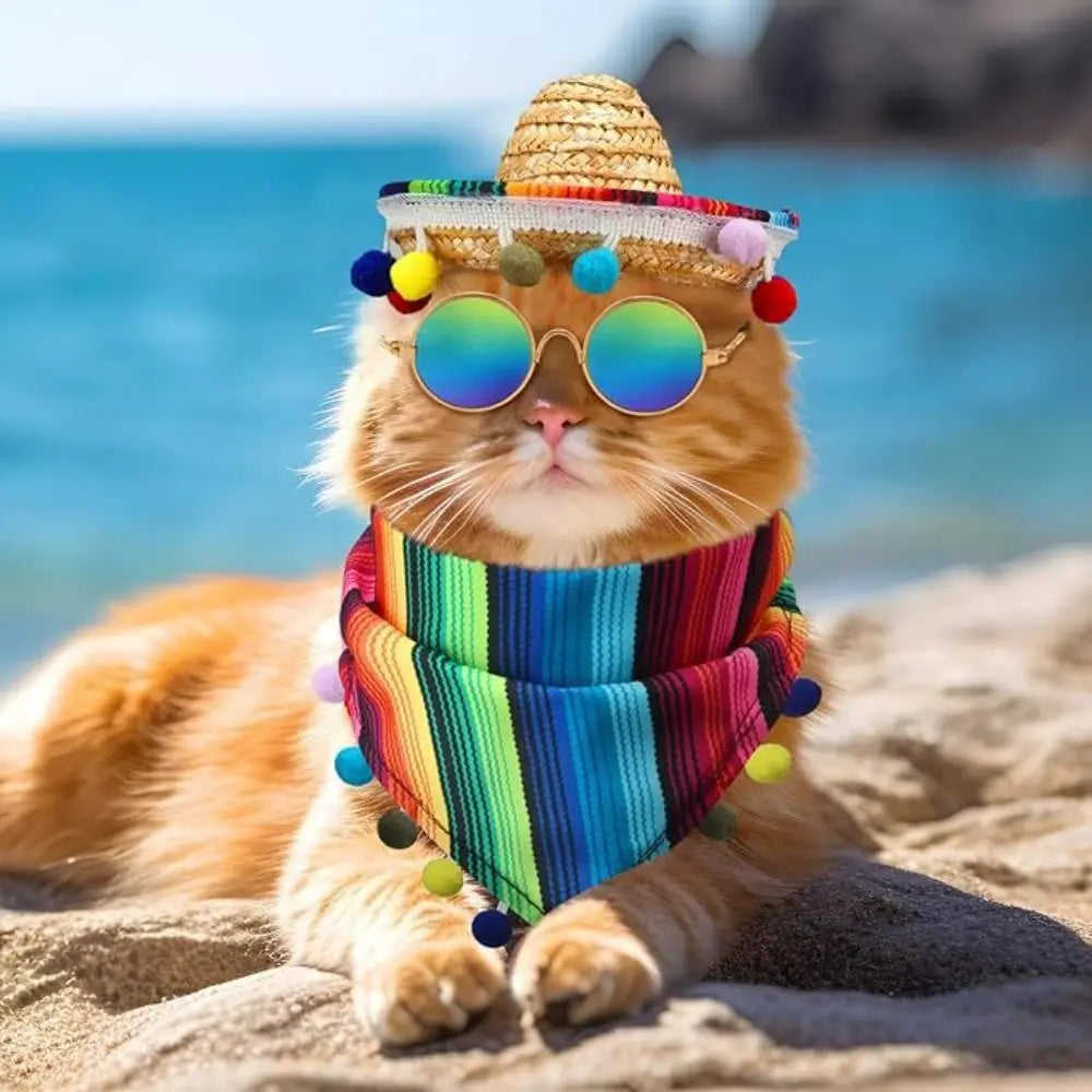 Mexican Pet Hat Scarf & Glasses Costume Set for Small Dogs