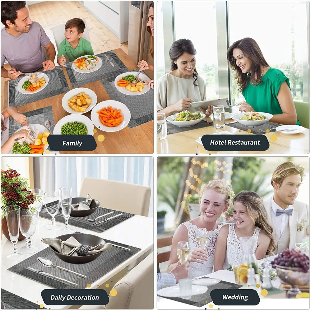 Set of 6 Placemats With Coasters Black Table Mats Crossweave Woven Vinyl Non-Slip Washable for Table Dining Kitchen Restaurant Peaceful Pleasures Health and Wellness