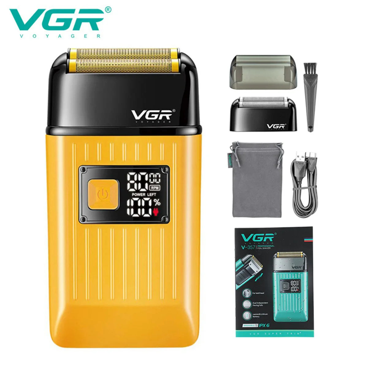 VGR Men's Razor IPX6 Body wash professional intelligent digital display multi-functional shaving sculpting hair trimmer V-357 Peaceful Pleasures Health and Wellness V-357yello