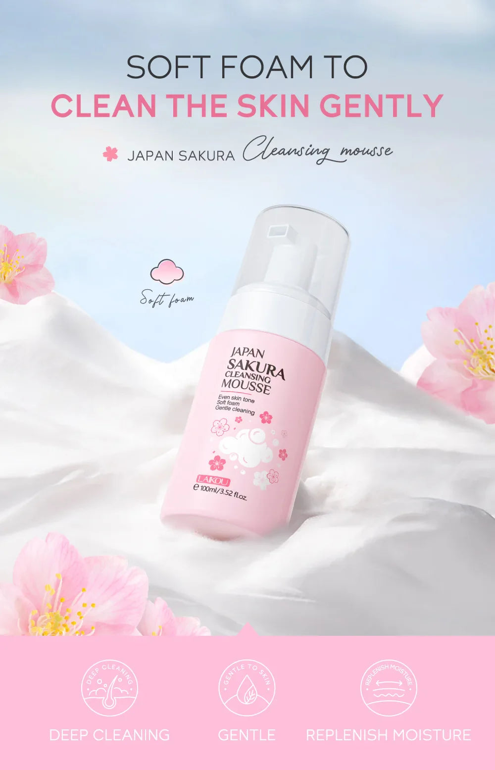 LAIKOU Sakura Cleansing Mousse – Pore Minimizing Facial Cleanser