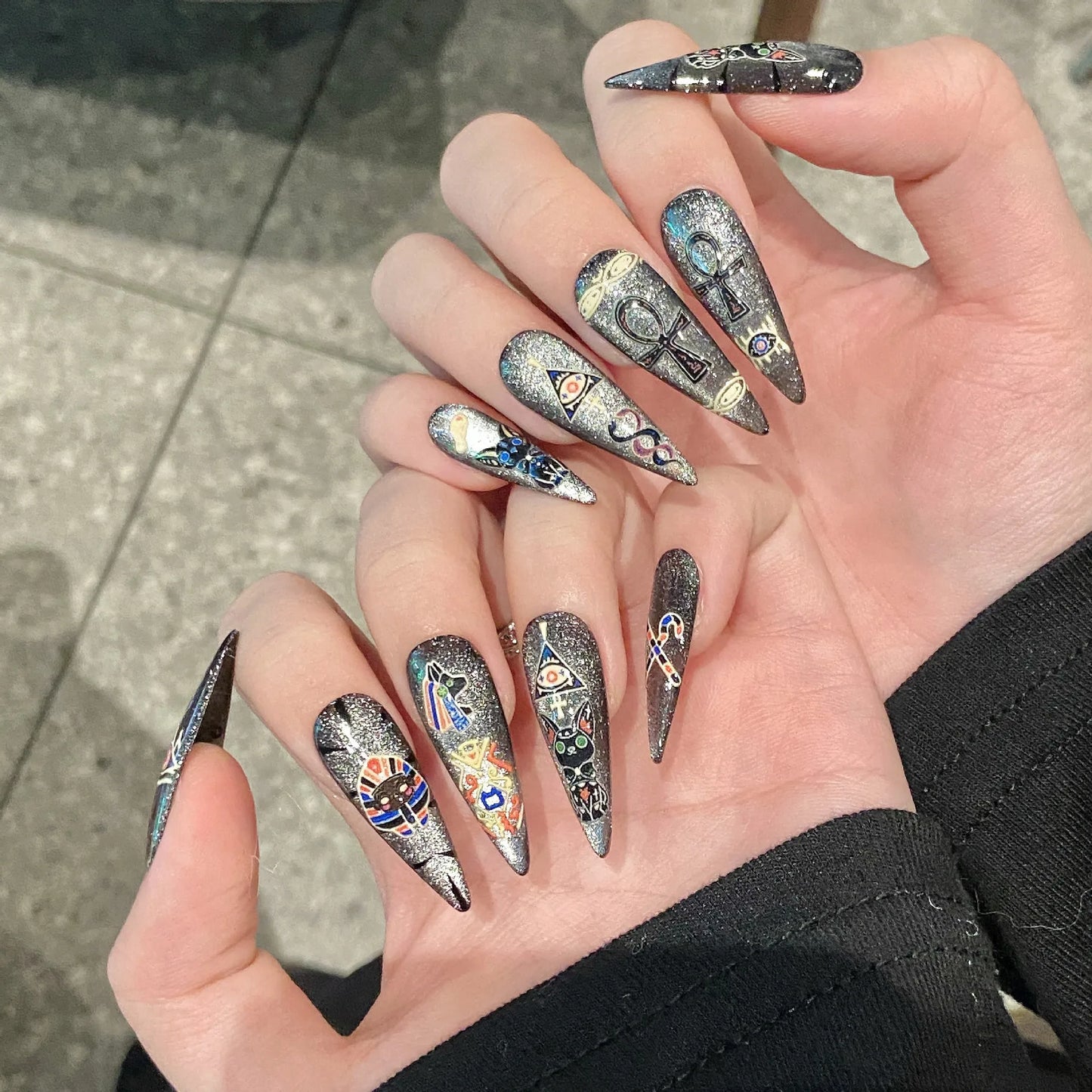 Handmade Press on Nails Egyptian Cat Pharaoh Cute False Nails Sweet Cool Spicy Girl Style Cat Eye Long Almond Fake Nail Tips Peaceful Pleasures Health and Wellness