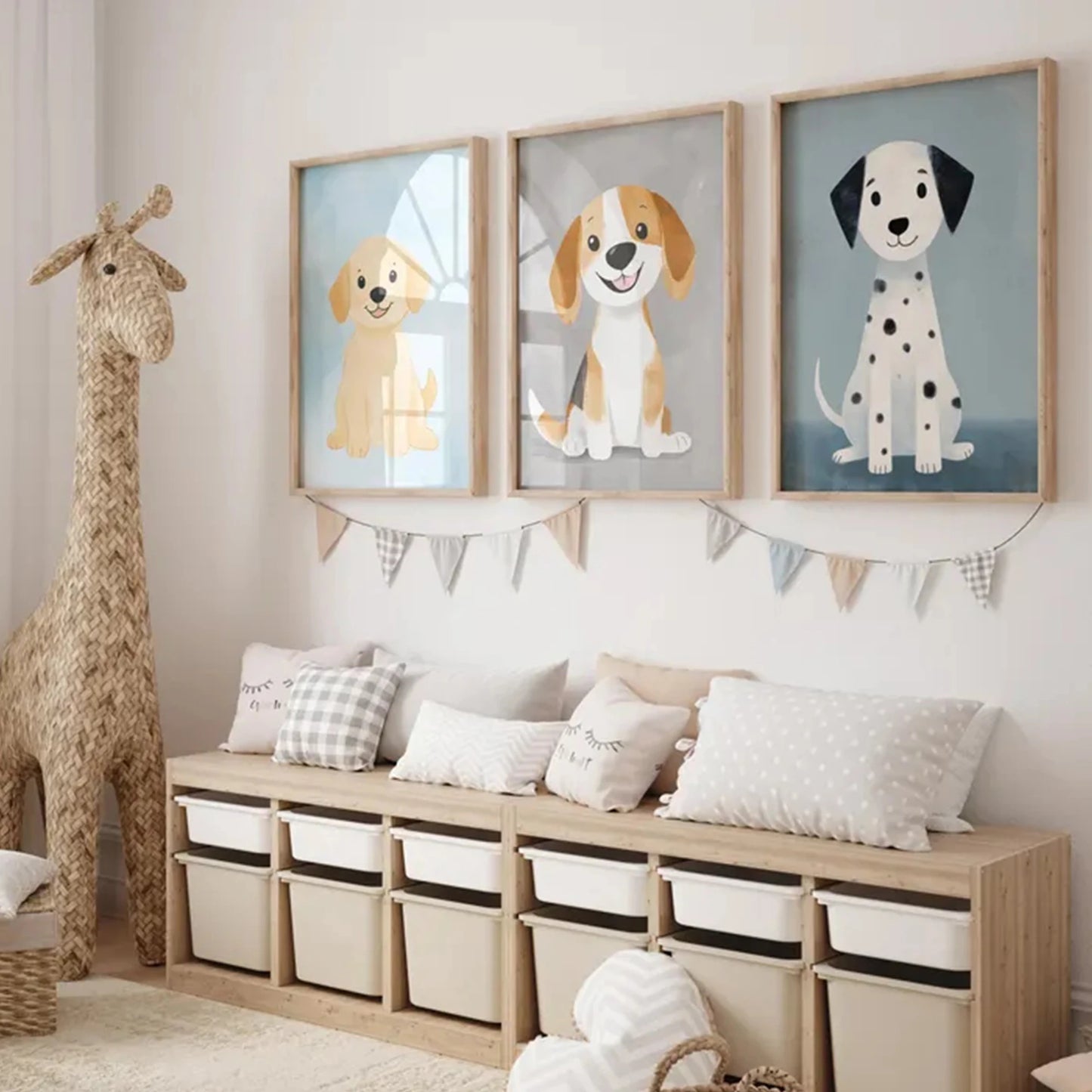 3-Piece Cartoon Dogs Watercolor Canvas Wall Art Print Set