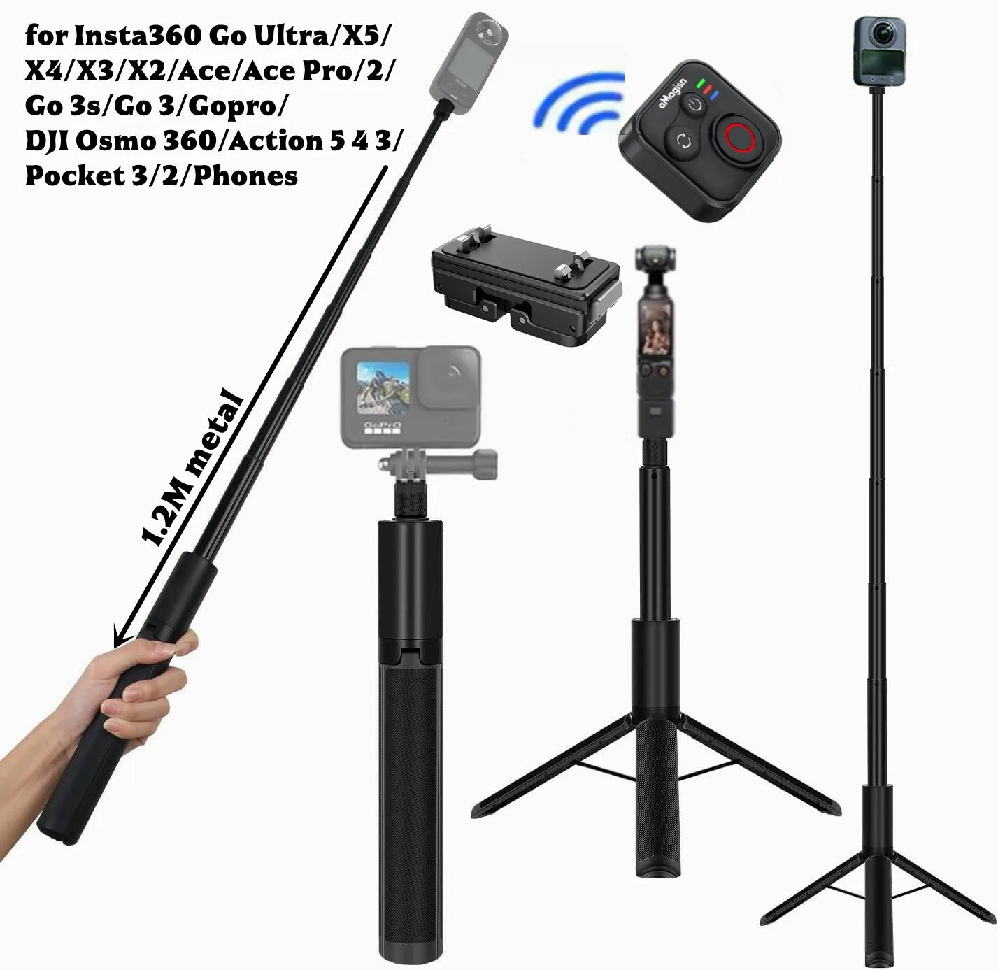 120cm Invisible Selfie Stick Tripod for GoPro, DJI & Insta360