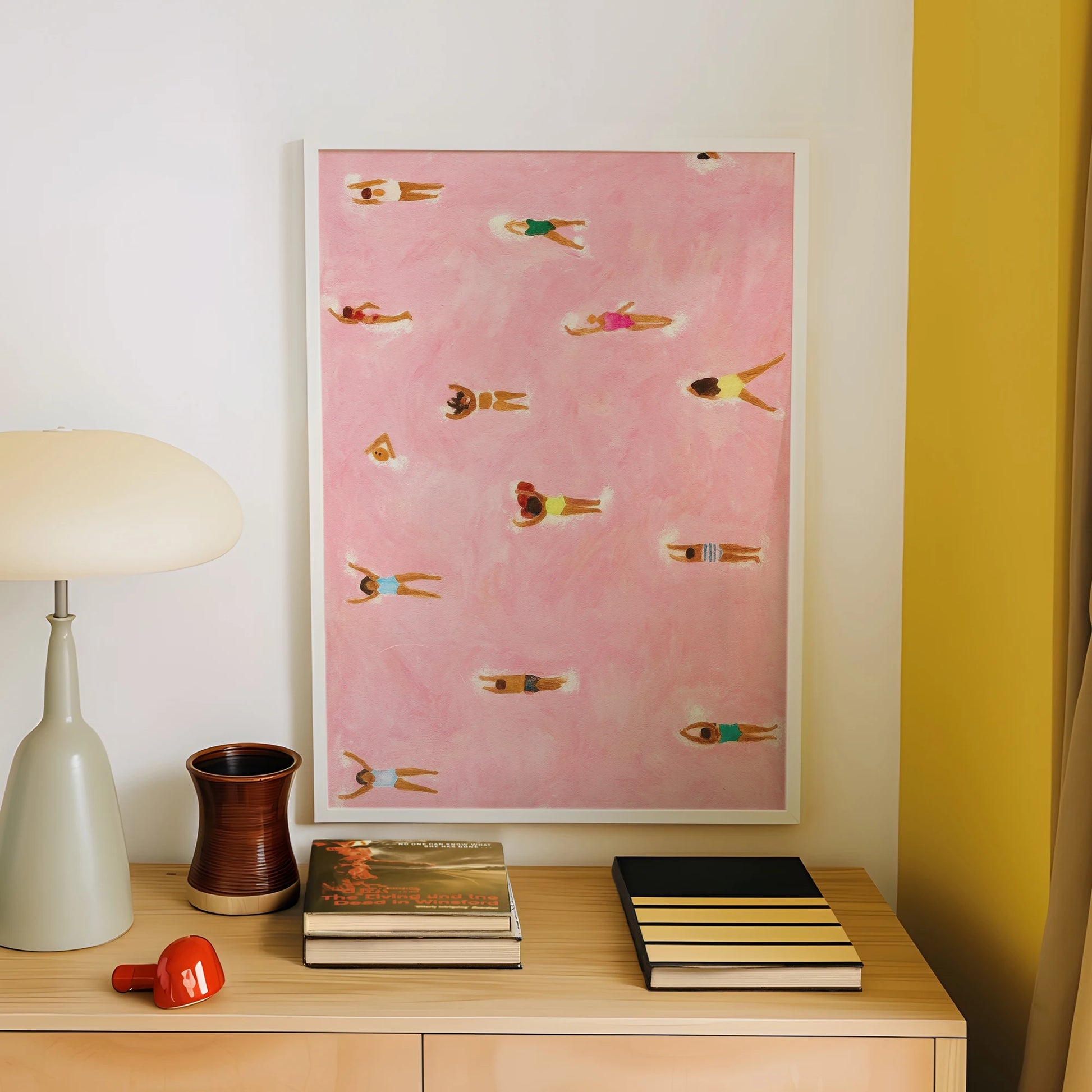 Minimalist Tiny Swimmers At Pool Pink Beach Wall Art Print Canvas Painting Poster Picture For Living Room,Bedroom Home Decor Peaceful Pleasures Health and Wellness