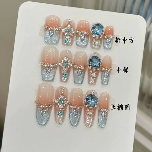 Handmade Press On Nails French Light Blue Cat's Eye K9 Diamond Press On Nails Peaceful Pleasures Health and Wellness