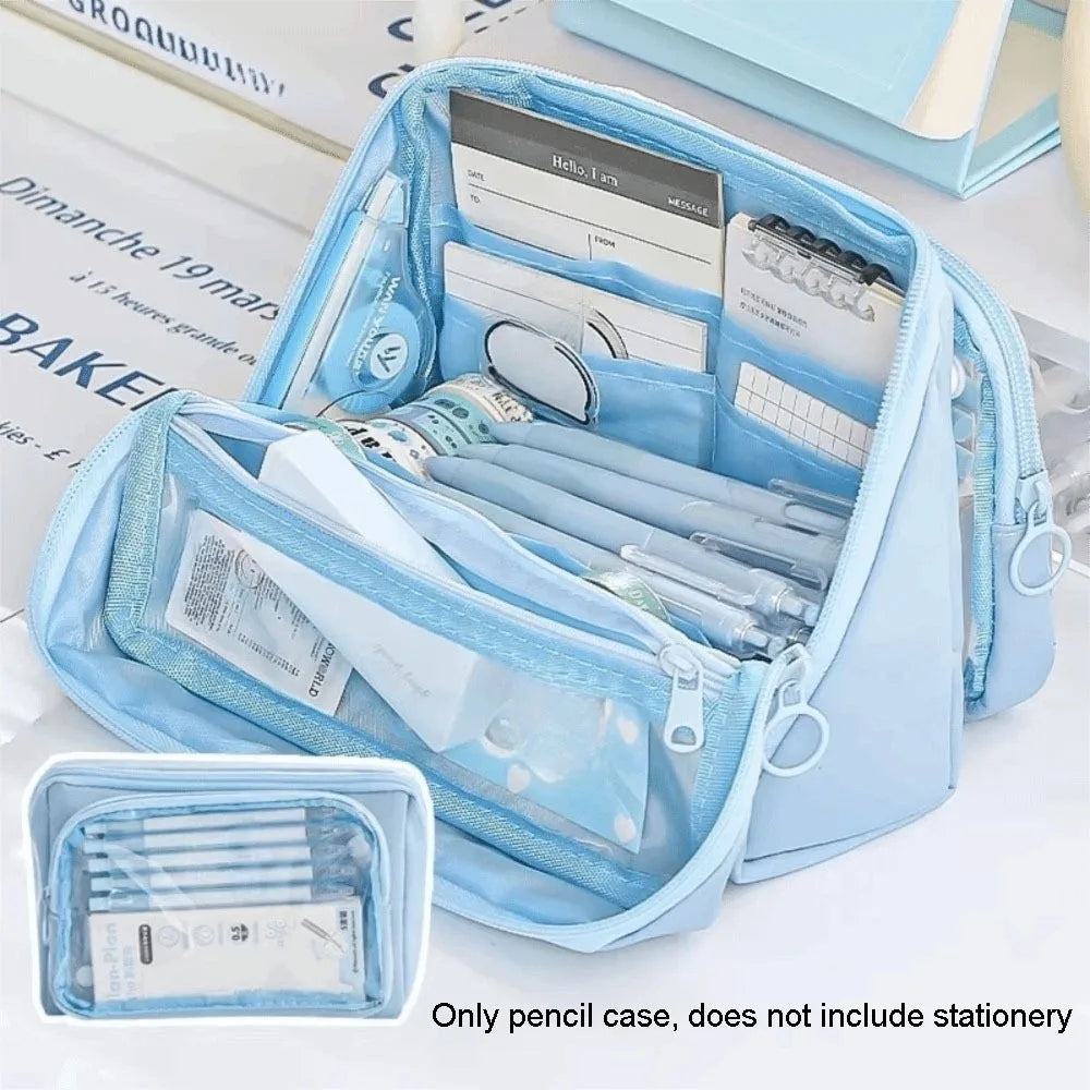 Kawaii Large Capacity Transparent Pencil Case DIY Zipper Transparent Pen Bag Multifunctional Solid Color Stationery Box Friend Peaceful Pleasures Health and Wellness Blue