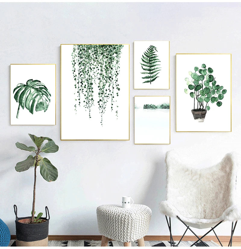 Wall Art Paintings for Living Room Home Decor Scandinavian Style Tropical Plants Poster Green Leaves Decorative Picture Modern Peaceful Pleasures Health and Wellness